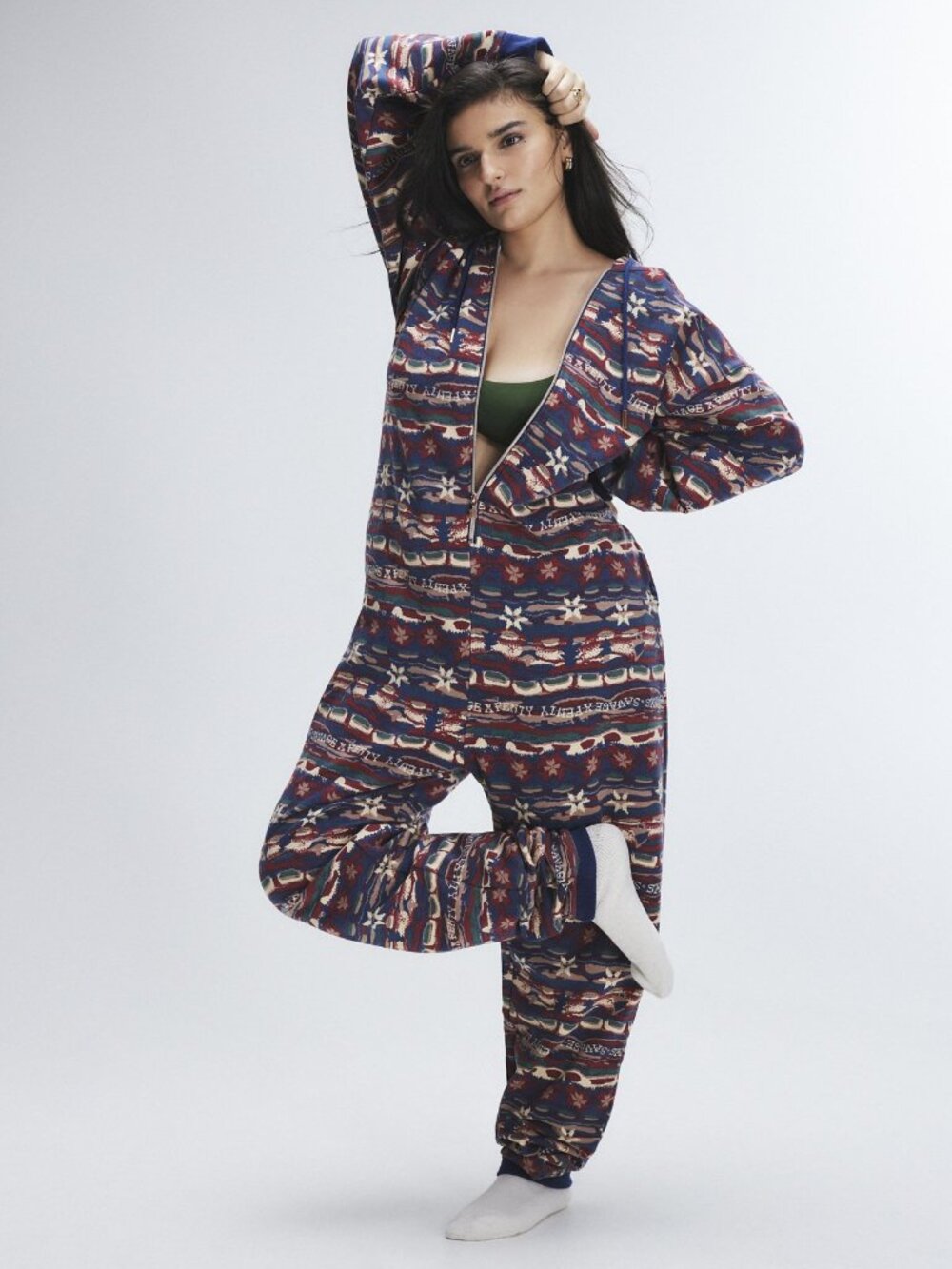 Savage X Fenty Forever Savage Hooded Onesie Jumpsuit Red Cognac Cabin Print 0-2
